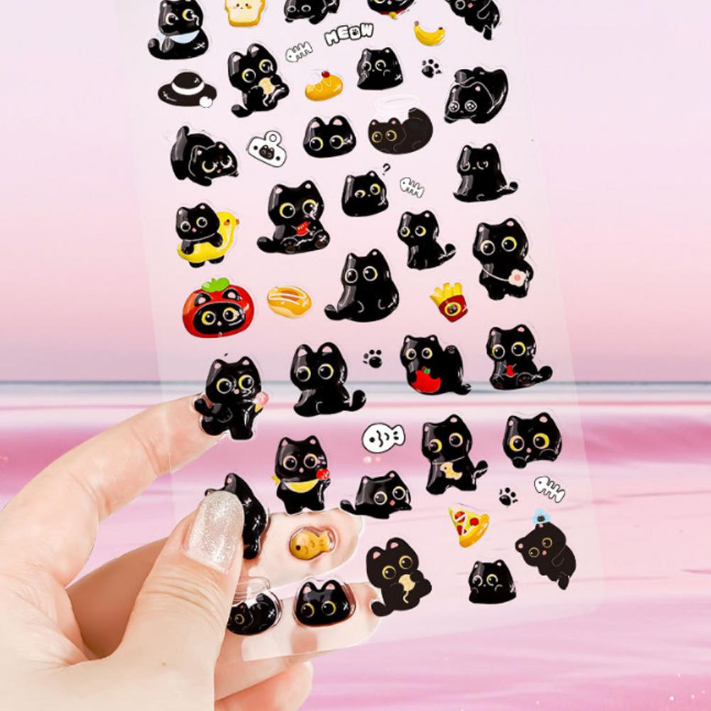 3D Cute Black Cat Puff Sticker, 4PCS Kawaii Cartoon Animal Mini Puffy Stickers, for DIY Scrapbooks Journals Laptops Phone Case