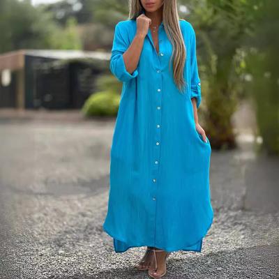Autumn Women's Dress Cotton Linen Shirt Long Skirt Fashionable Single Breasted Casual Long Sleeved Cardigan Dress