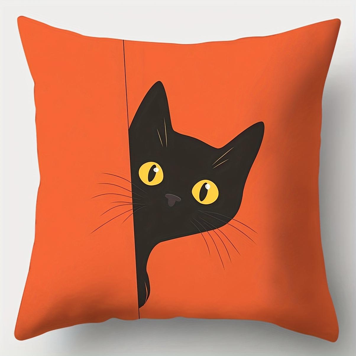 

Black Cat Peeking Pillowcase Orange Background Cartoon Kitten Cushion Cover Cute Animal Home Decor for Living Room Bedroom Sofa 40cmx40cm