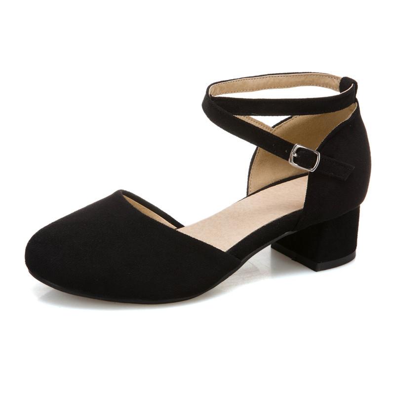 Baotou Sandals Girl Summer New Simple Cross Buckle Suede Small Size Thick Heel Student Versatile Evening Shoes