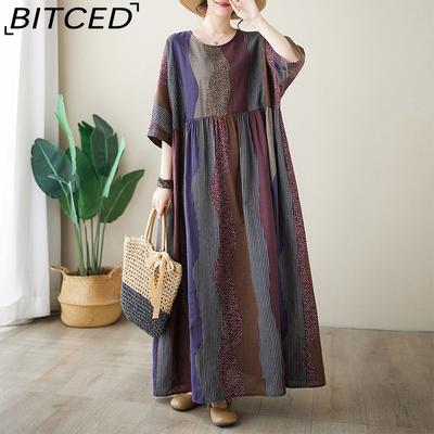 Vestido Verão Algodão Linho Gola Redonda Manga Curta Listra Vertical Simples Bohemian Vestidos Longos