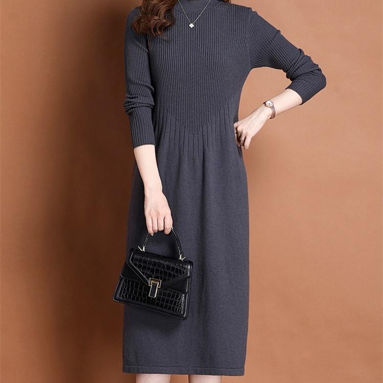 Solid-color Sweater Dress for Women's Autumn and Winter Casual Half Turtleneck Sweater A-line Dress