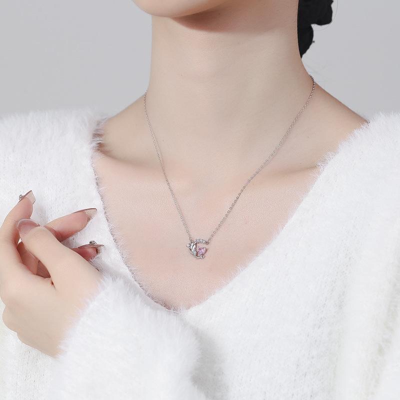 S925 Sterling Silver Wheat Love Necklace Fashionable All-Match Pink Zircon Clavicle Chain Ins Style Moon Flower Pendant