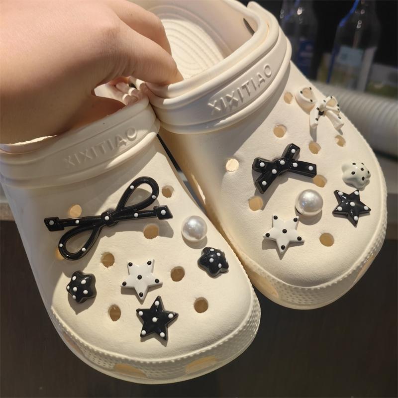 1 Set Black White Dot Shoe Charms Set Diy Bow Star Pearl Shoe Decorations Silver Advanced Detachable Buckle Shoes Accessories