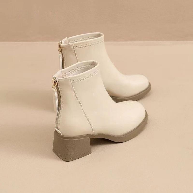 Soft leather short boots women's square head thick heel new autumn and winter single boots medium heel French white soft leather thin boots women