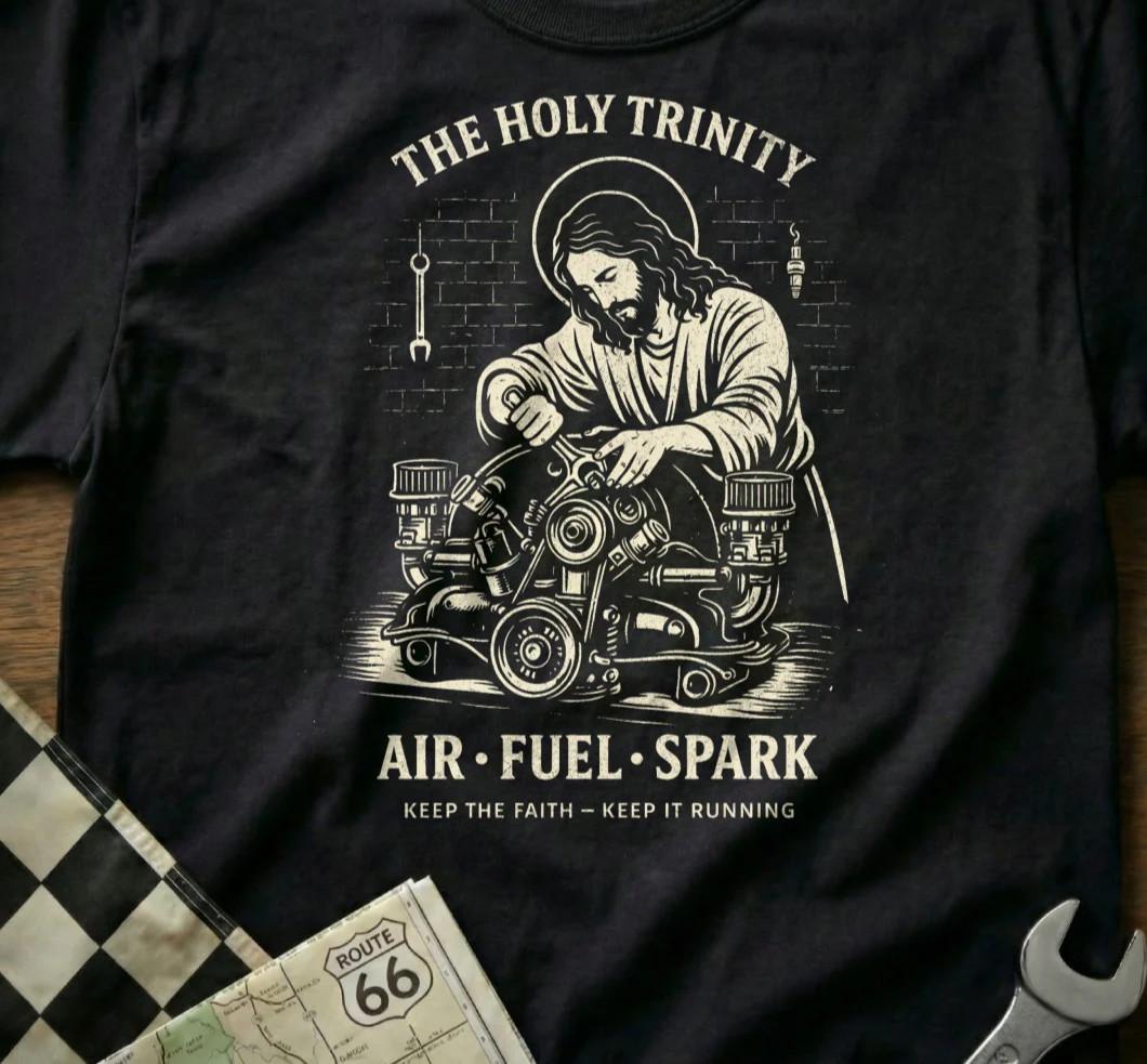 Mechanic Christian The Holy Trinity Air Fuel Spark Graphic Tee Car Guy Gift Tee XXXL