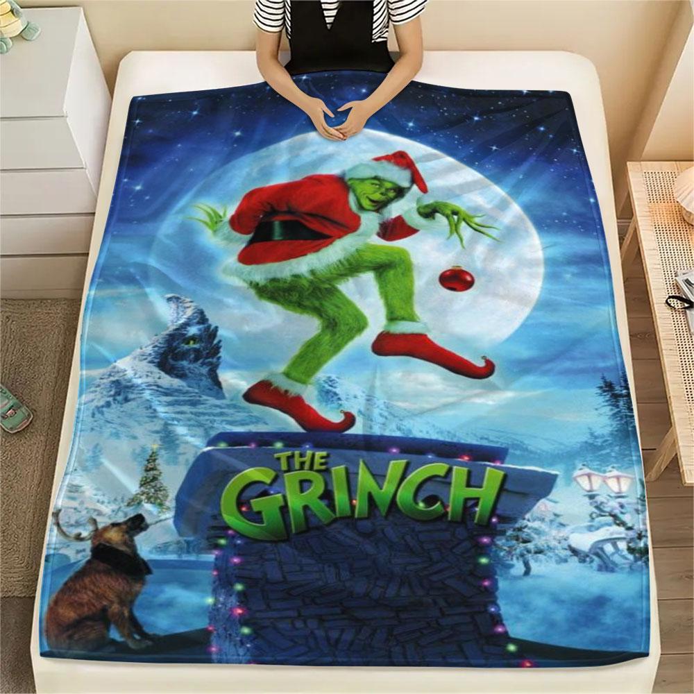 Christmas Grinch Cartoon Printing Flannel Blanket Bedroom Sofa Camping Warm Blanket Gifts for Family and friends-MJ020