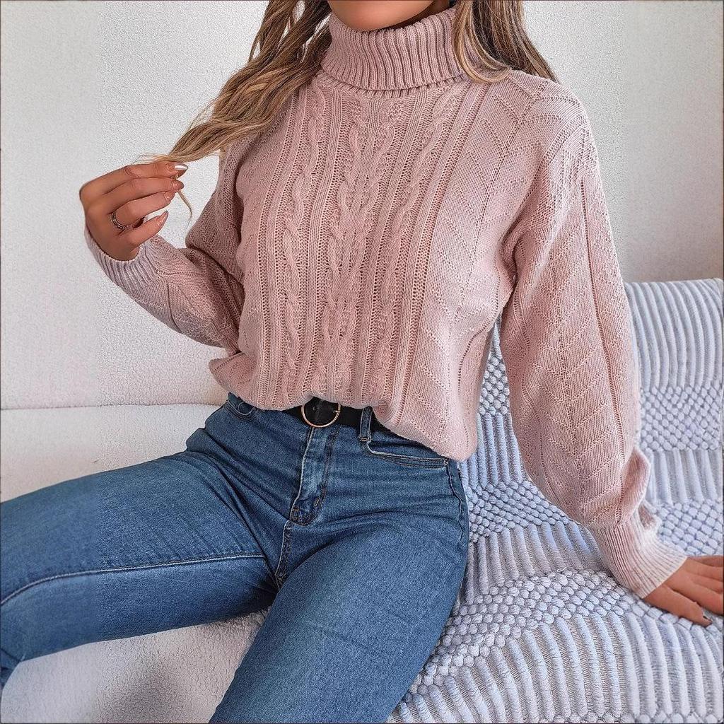 Women's 2023 Autumn/Winter Casual High Neck Cable Knit Long Sleeve Pullover Sweater