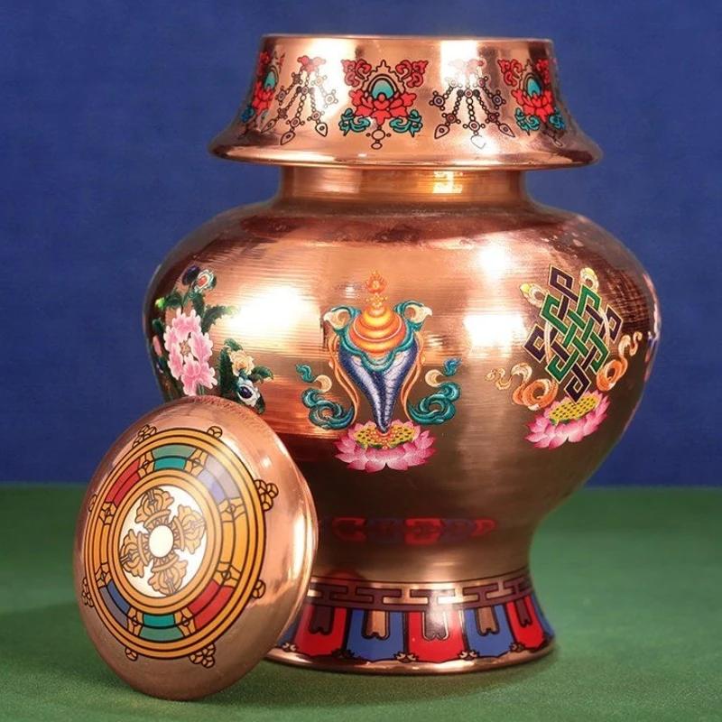 Tibetan Bottle ,Red Copper Handicraft Auspicious Tantric Spices Storage Bottle,Buddhism Religious Desktop Altars Decorative,17cm