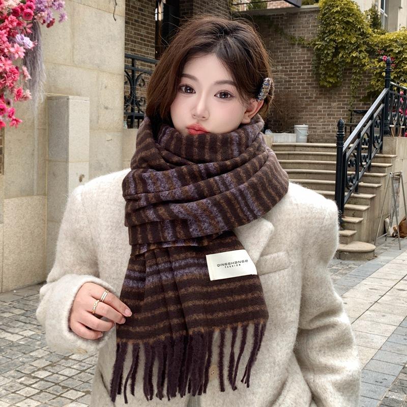 Women Winter Knitted Scarf Headscarf Lady Men Preppy Retro Striped Print Tassel Scarve Male Foulard Wrap Shawl Casual Korean New