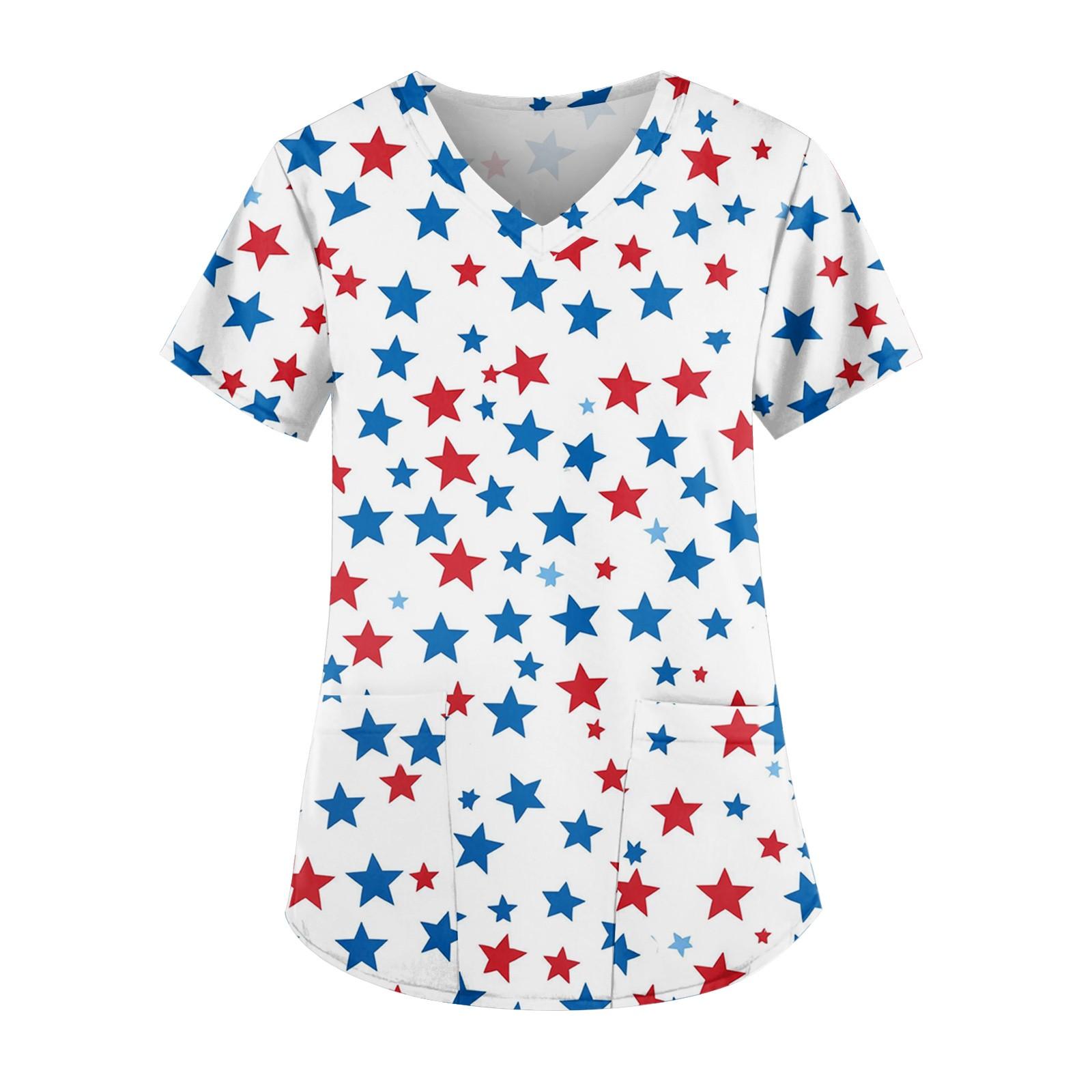 

Women s Independence Day Printed Work Clothes V-neck Double Layer Pockets Basic Short Sleeve Top Pullover XL білий