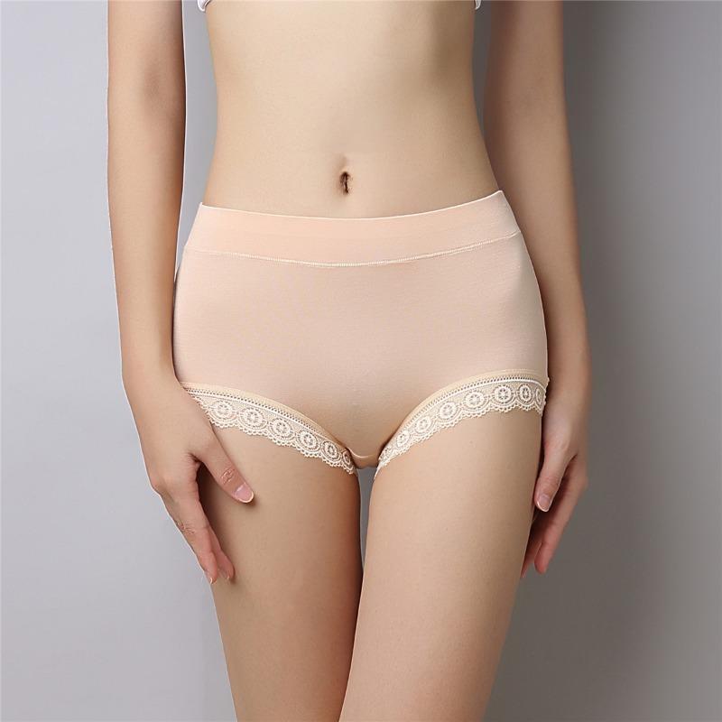 Large Size Underwear with Lace Edges Solid Color Modal Medium High Waist Briefs Abdominal Compression Hip Lifting for Women Panties