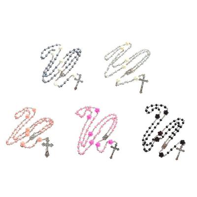 Devotional Rosary Necklace for Women, Acrylic Pearl Beads With Crosses, Fashionable Spiritual Wear