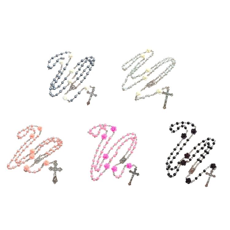 Devotional Rosary Necklace for Women, Acrylic Pearl Beads With Crosses, Fashionable Spiritual Wear