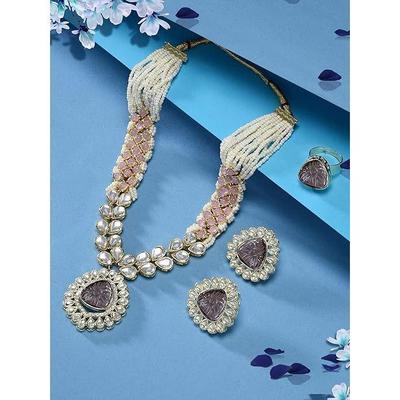 ZAVERI PEARLS Pink Purple Stones Embellished Kundan Necklace Earring & Ring Set For Women-
