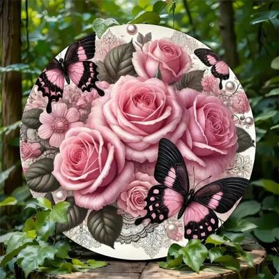 Tin Wall Decor Roses Butterflies Shabby Chic Vintage Metal Art Plaque Distressed