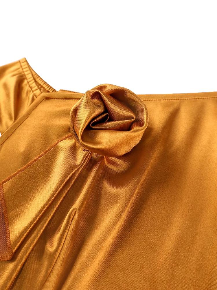 Rochie de ocazie Browen cu gât asimetric, umăr gol, croială slim fit, din satin, cu volane florale 3D, uni, elegantă, pentru femei, eveniment, petrecere, rochii lungi