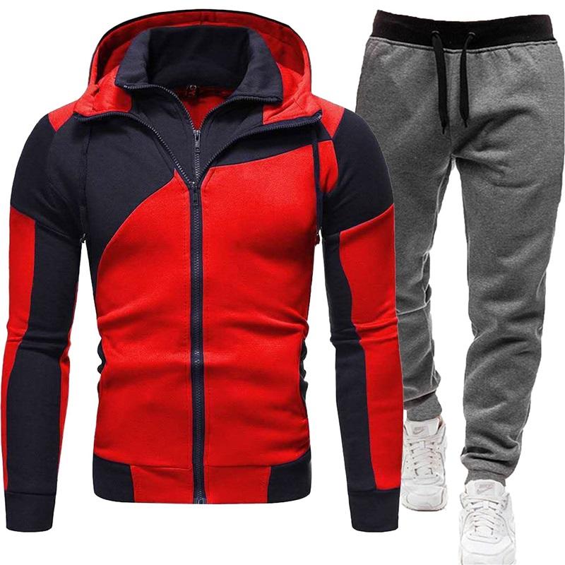 Men's Tracksuit 2Pcs Set Patchwork Color Hooded Jacket  Sweatpants Casual Sportswear Zipper Hoodie Jogger Pants For Men Daily Running Training