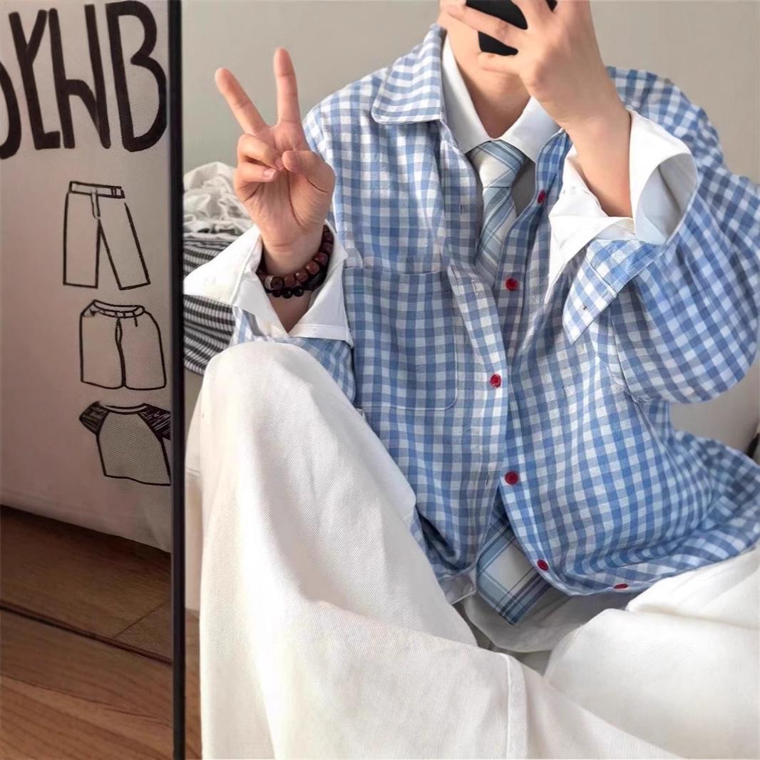 

Women s Korean-Style Blue Plaid Long Sleeve Shirt - Autumn 2025 Casual Trendy Design S синій