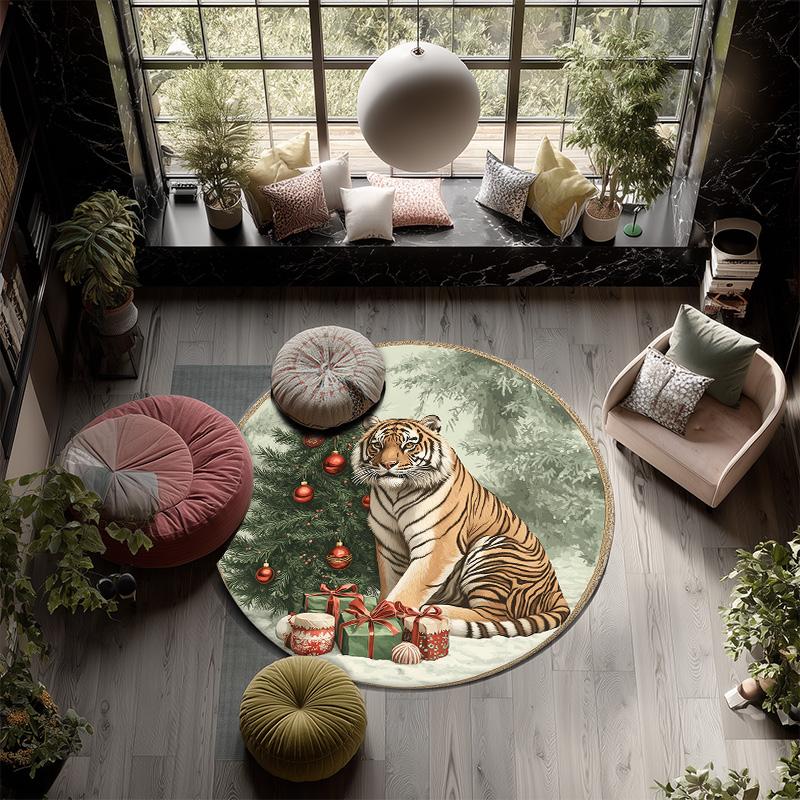 Vintage Tiger,Round Area Rug,Carpet Rug for Living Room Bedroom Sofa Playroom Decor,Non-slip Floor Mat
