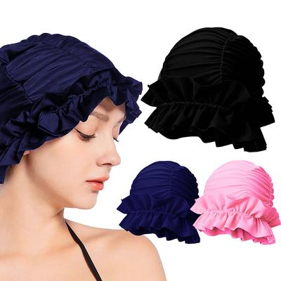 Women Pleated Swim Cap Nylon Swimming Cap Ear Protection Portable Pool Cap Keep Hairstyle Unchanged for Long Short Hair