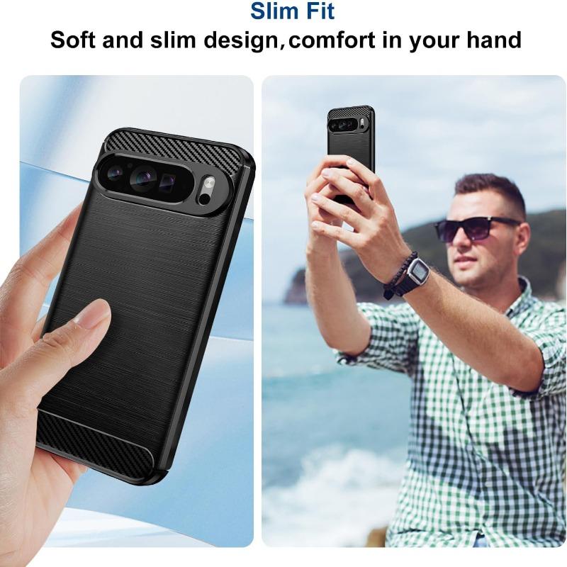 Stylish Carbon Fiber TPU Rubber Slim Case for Google Pixel 10 9 8 Pro XL Shockproof Supports Wireless Charging Protector Cover
