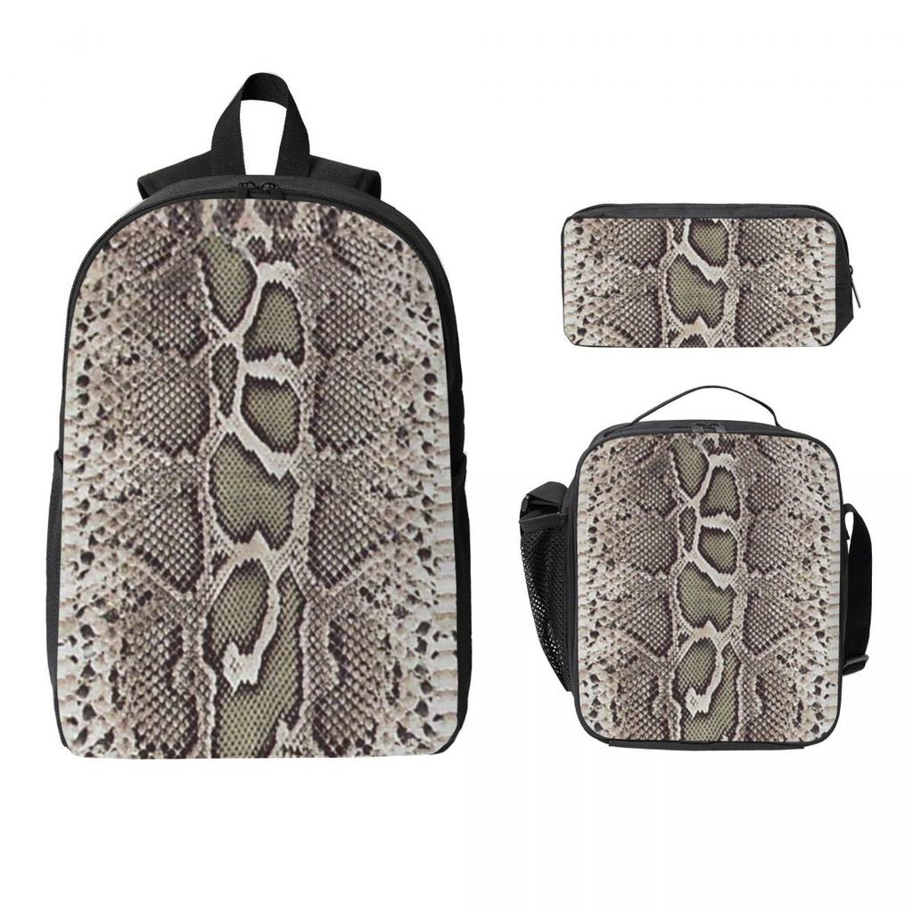 Faux Boa Constrictor Snake Skin Kids Backpack Lunch Box Pencil Boxes for Boys Girls Kindergarten Backpacks Schoolbag Bookbag Set
