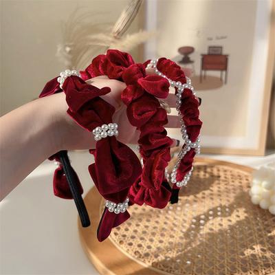 Vintage Französisch Rotes Samt Perlen Schleife Stirnband Haarband Für Frau Mädchen Süßes Temperament Haarreif Neujahrsstirnband Kopfschmuck