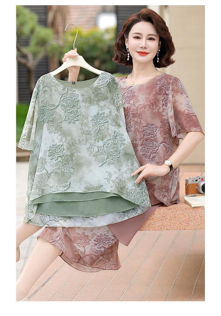 Chiffon Short-Sleeve Suit Set: Two-Piece Skirt and Pants for Stylish Middle-Aged Women.