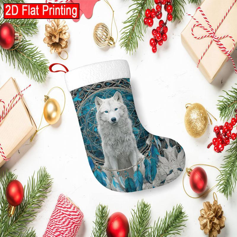 Christmas Decoration Fireplace Hanging Stocking 1pc, White Wolf (2) - Design for Christmas Gift Socks, Festive Decorativ