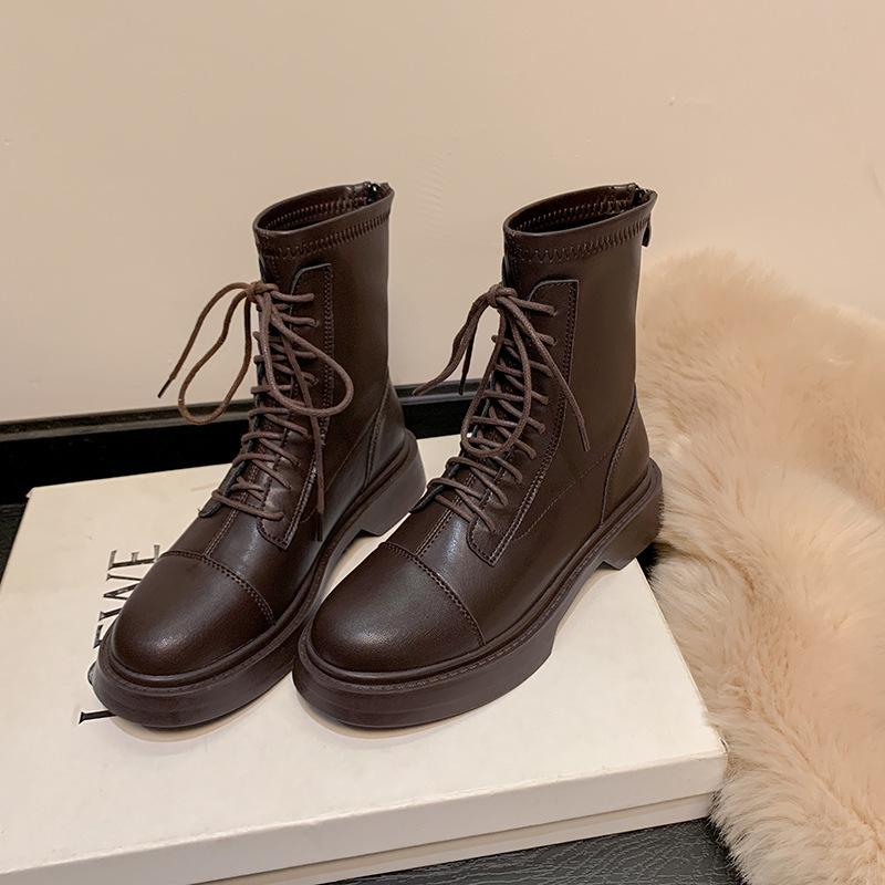 Autumn and winter new leather British style short boots thick-soled Martin boots inner heightening elastic boots thin boots
