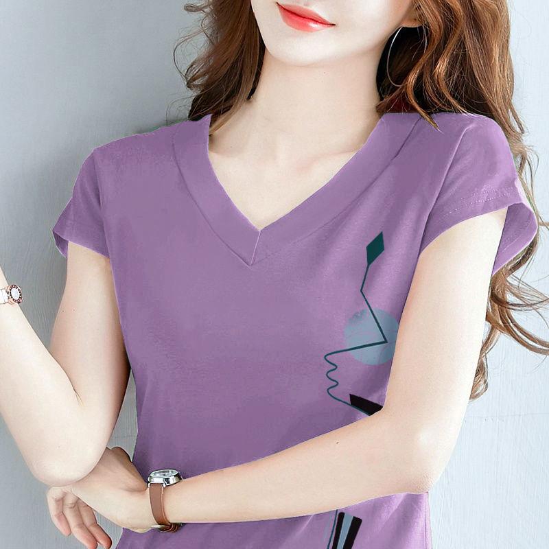 

100% Cotton Women s V-Neck Short-Sleeve Loose T-Shirt for Middle-Aged Summer 2024 3XL