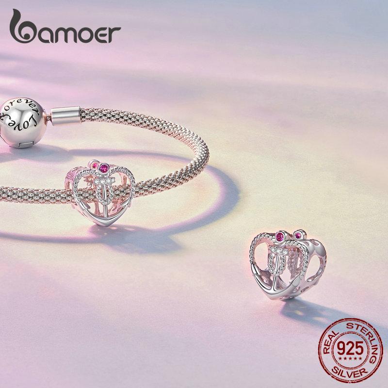 Bamoer 925 Silver Titanic Series Love Shape Beads Ship Anchor Charms for Women Bracelet Bangle DIY Valentine's Day Gift