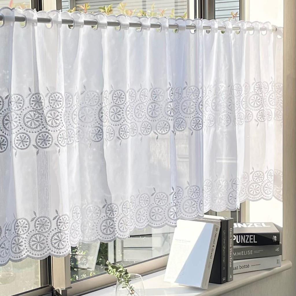 INTERIX Embroidered Lace Cafe Curtain for Small 100cm Wide X 90cm Made In Daisy White CF5-100-90 Windows, Long, Japan, Pattern,