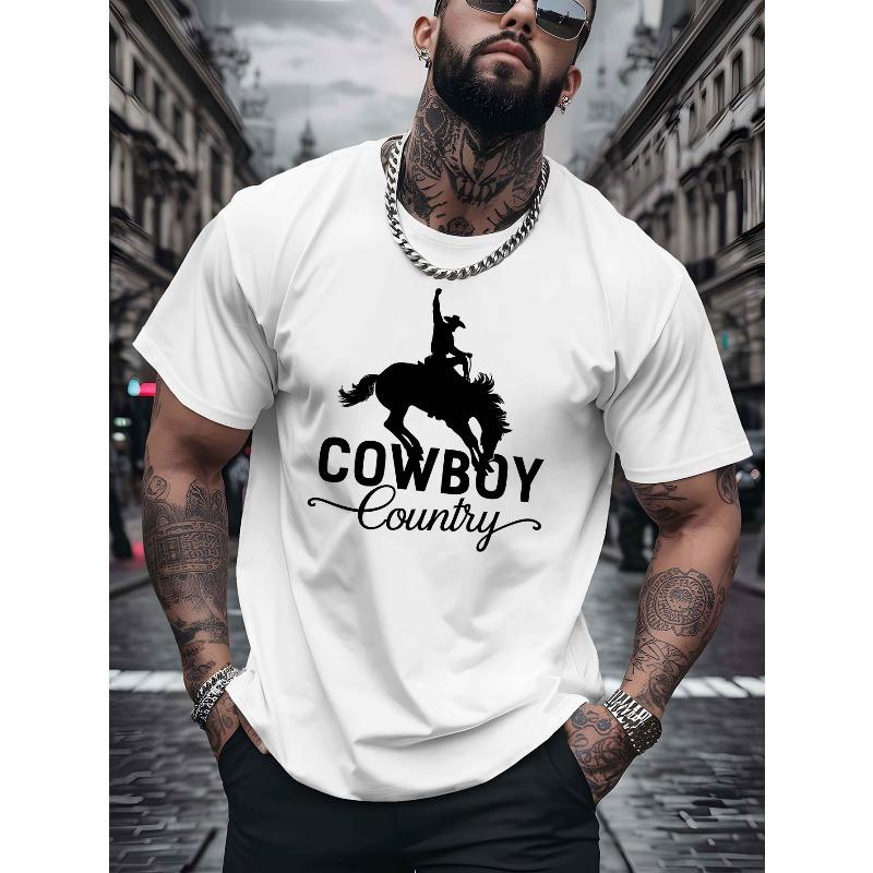 Men's Cowboy Country Graphic T-Shirt - Breathable Round Neck Short Sleeve Tee for Summer , Outdoor Casual Wear, Beachwear Top, Comfortable Fit Shirt