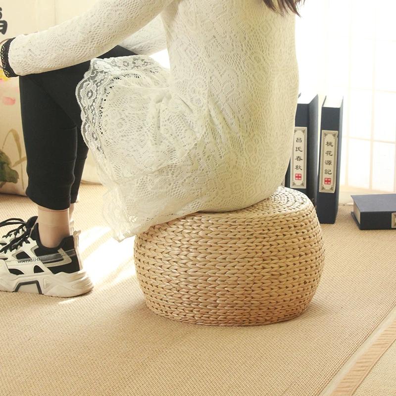31x31x20см Круглый пуфик в японском стиле плетеный из ротанга маленький стул с нескользящим сиденьем скамейка-подушка напольный пуф соломенная циновка домашний декор 8280₽
