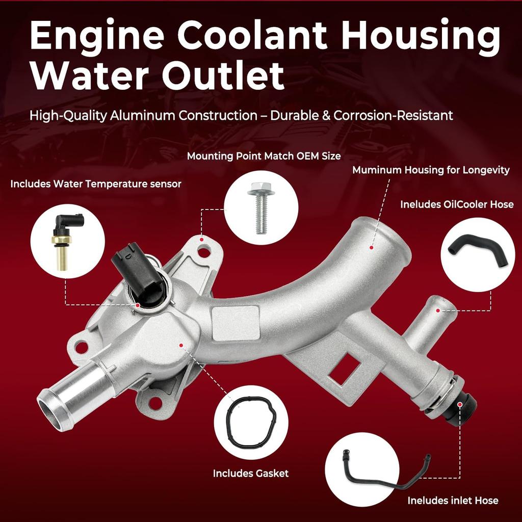 Aluminum Engine Coolant Housing Water Outlet Kit with Hoses Compatible with 2011-2016 Chevy Cruze, 2012- Sonic, 2015- Trax, 2013- Buick Encore 1.4L
