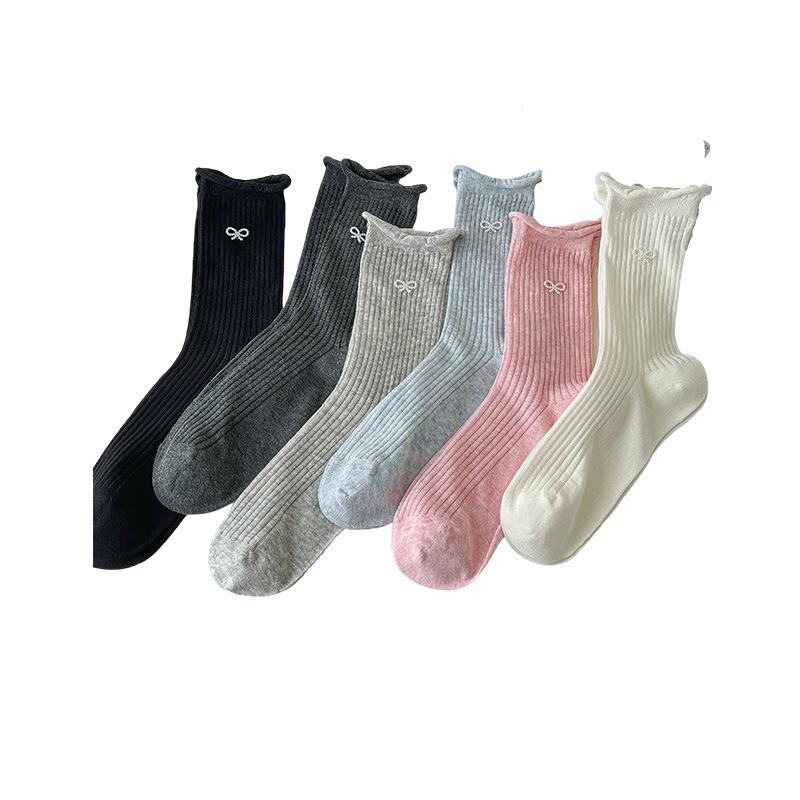 Women's Spring and Summer Ultra-thin Pearl Bow Lovely Curled Edge Wicking Sweat Breathable Tube Cotton Socks