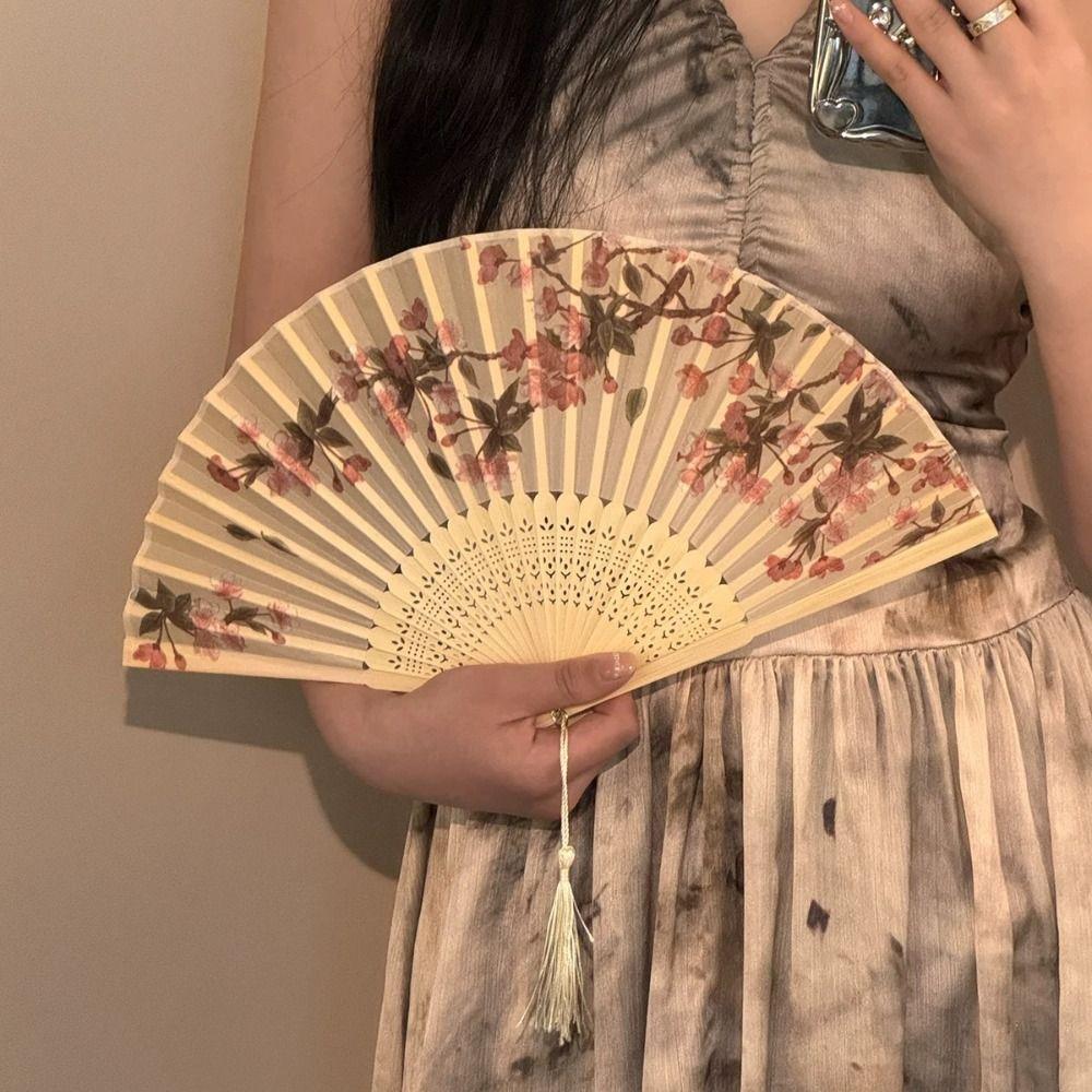 Portable Vintage Style Chinese Japanese Folding Fan Plastic Colorful Shank Classical Dance Fan Crafts Folding Photo Props Gifts