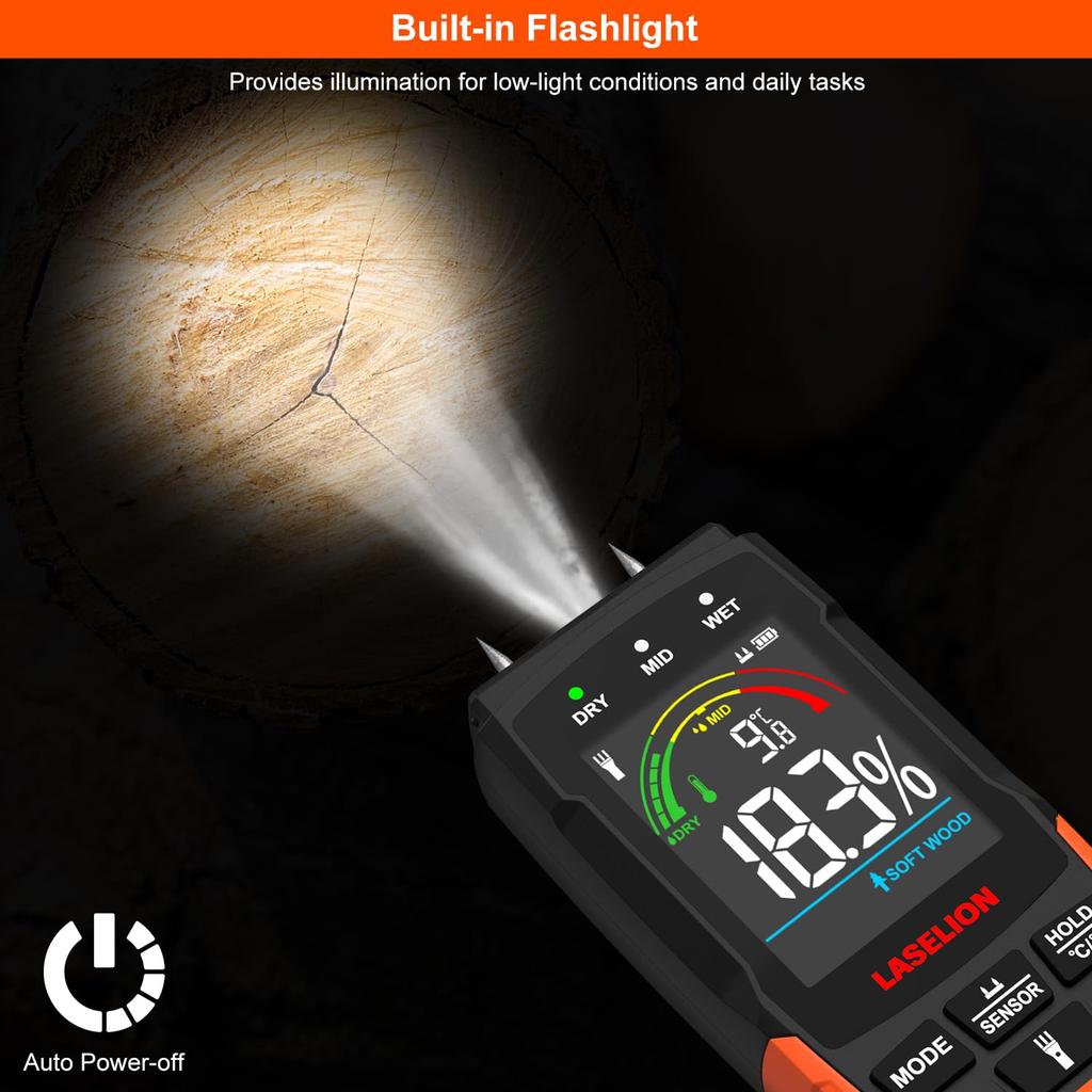 LASELION 2-in-1 Pin & Pinless Moisture Meter MS03 – Accurate Moisture Detection for Wood, Concrete, Drywall, Etc. – LCD Display with Hold Function, Fl