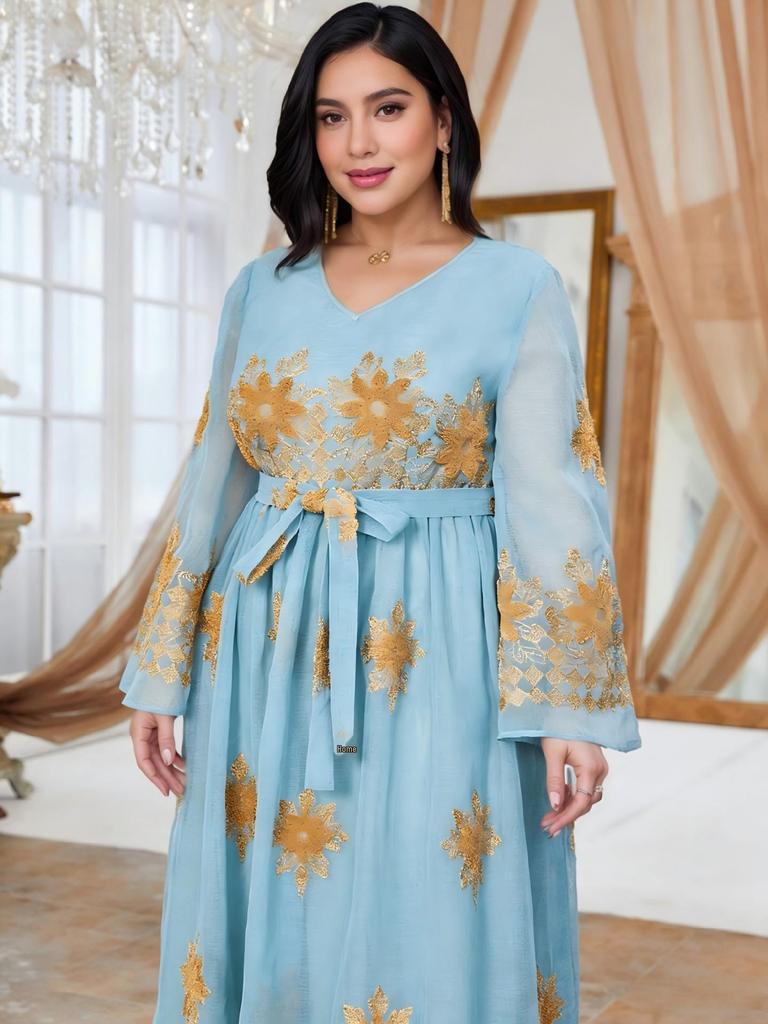 Middle East Plus Size Women's Sky Blue V-Neck Dress with Gold Trim