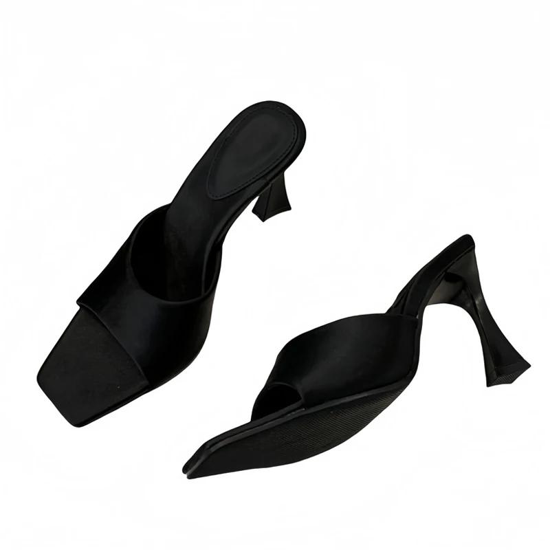 Fashion Womens Shoes High Quality Cozy Silk Wide Square Toe Slippers Sandals for Women Trend Heels Mules Slides Summer Party Dress Shoes