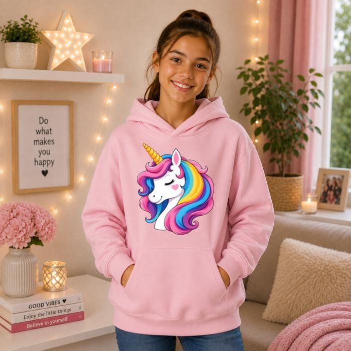 Sweat à Capuche Enfant Fille - Motif Licorne Arc-en-ciel - 3 à 14 Ans - Rose