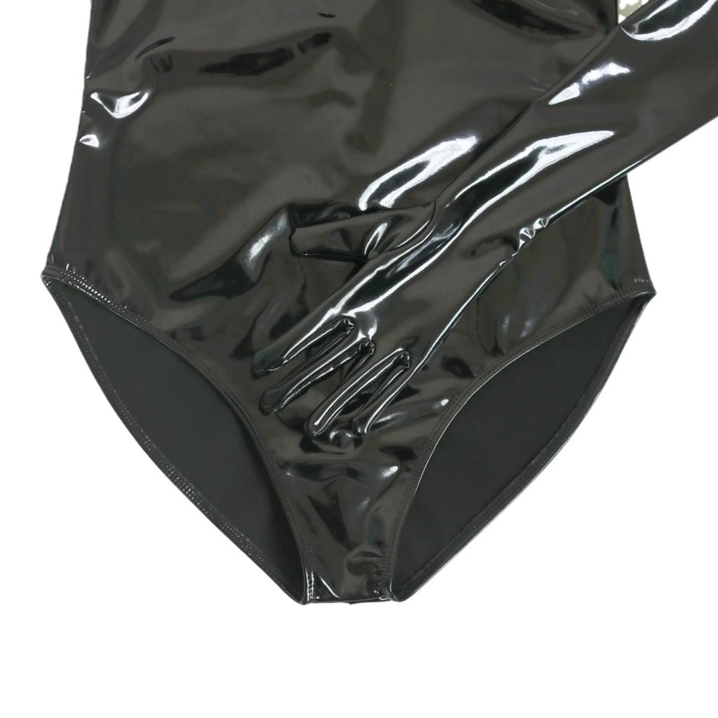 Sexy Women Glove Sleeve Latex Bodysuit High Cut Bodysuit Low Brest Shaper Tights Elastic Home Pu Leather Leotard Maid Leotard