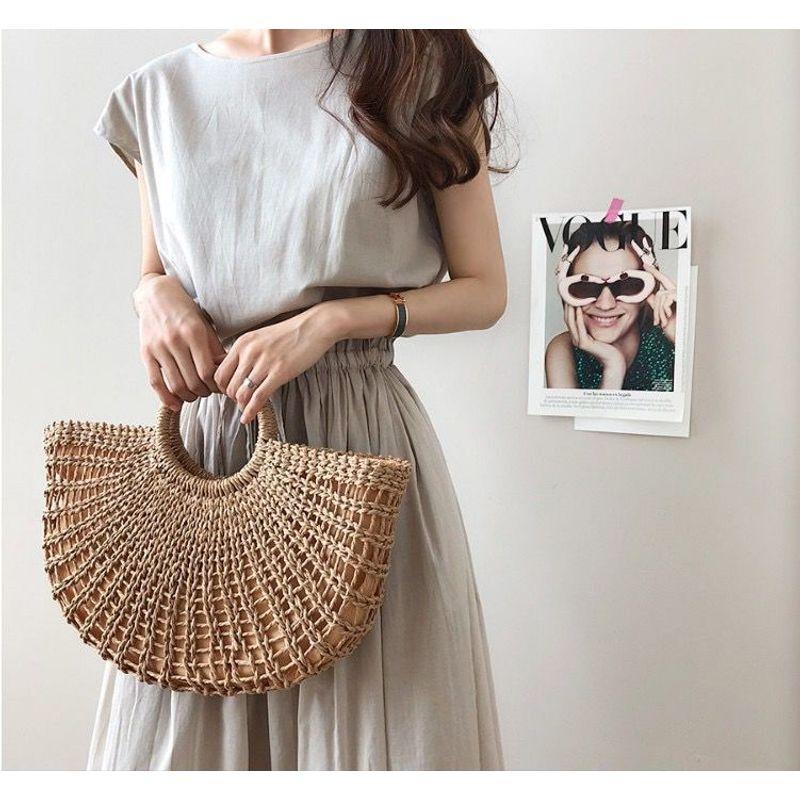 Summer Korean Style New Solid Artistic Student Waist Hugging round Neck Loose Mid-Length Sleeveless Dress Women Dress