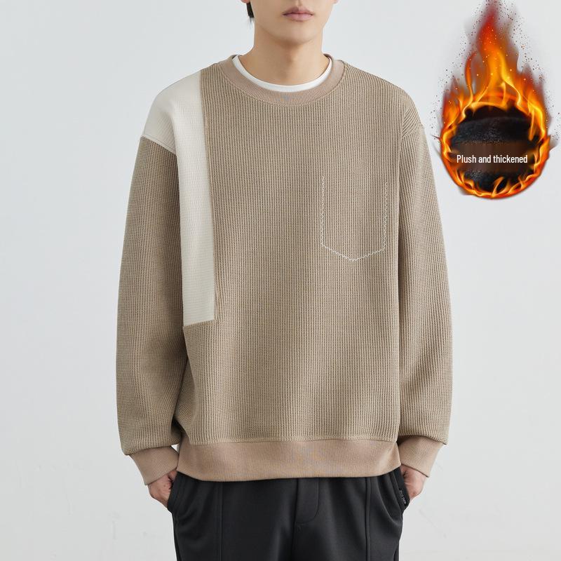 Men s Velvet-Enhanced Spliced Round Neck Hoodie - 2025 Spring/Autumn Slightly Loose Pullover M