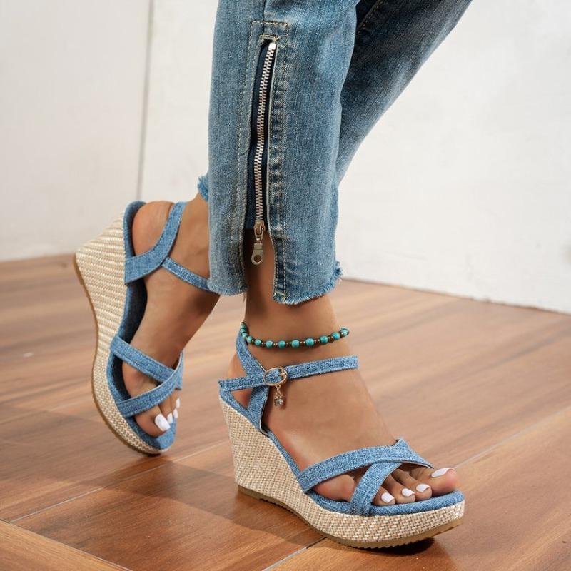 Fashion Summer Slope Heel Buckle Open Toe Wedge Ultra High Heel Women's Sandals 2025Fashion One Line Buckle Sandals Women Shoes  Heels