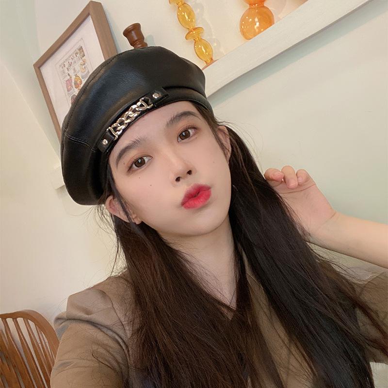 Korean Metal Chain Pu Leather Beret For Women Retro Solid Color Plain Color Octagonal Cap Girls Spring Autumn Flat Top Artist Painter Hat