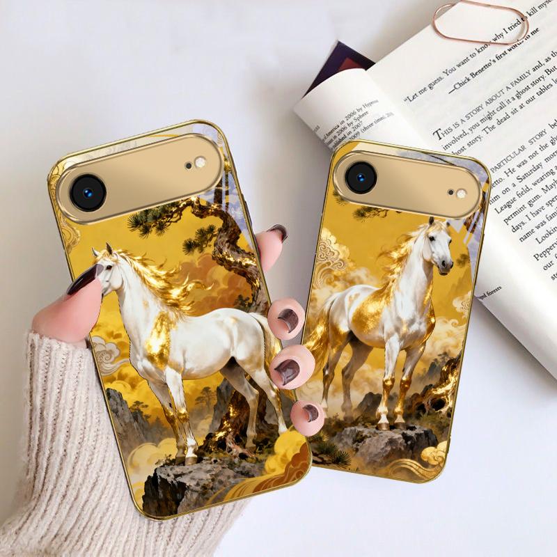 Tall and Sturdy Horse For IPhone 17Pro Max 16 17 Pro 15 Pro 14 13 Plus 12 Mini 11Pro Max XR 16E 17 Air Golden Glass Phone Case