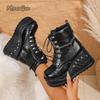 High Platform Women's Ankle Boots Black PU Leather Side Zip Chain Decor Ladies Punk Botines  Women Autumn Boots Size 35-43